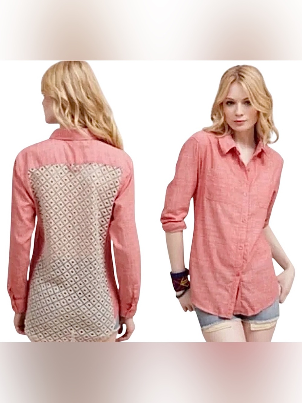 FREE PEOPLE Road Trip Chambray Crochet Button Down Shirt